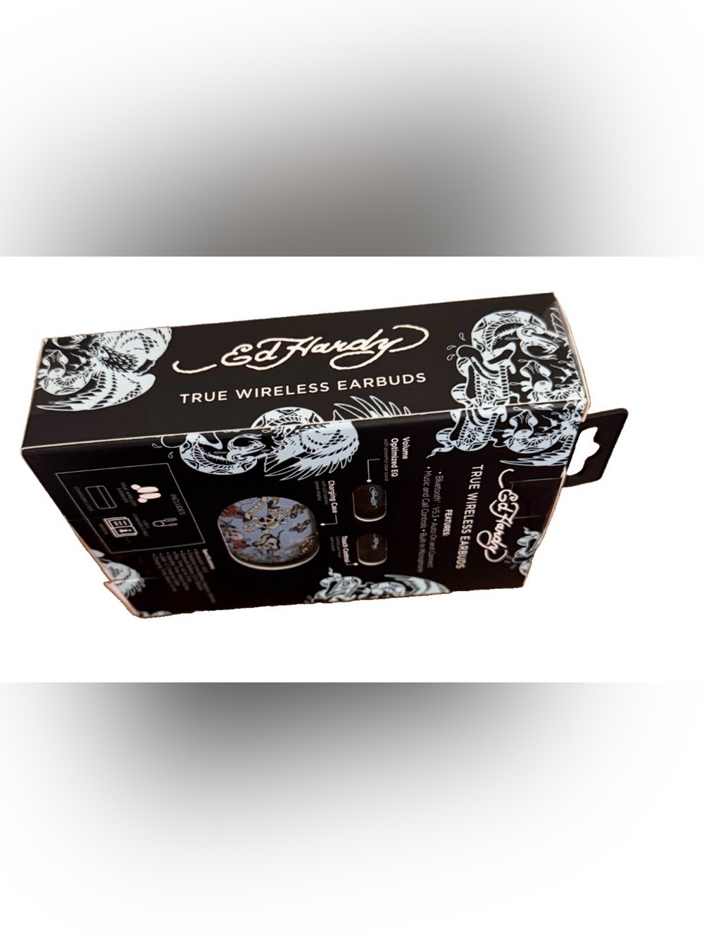 Ed Hardy True Wireless Earbuds - Black with Light Blue Graphic Case - Picture 2 of 5